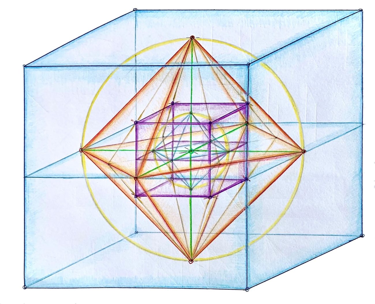 A hand-drawn geometric study by Philip — an octahedron nested within a cube, in watercolor and colored pencil