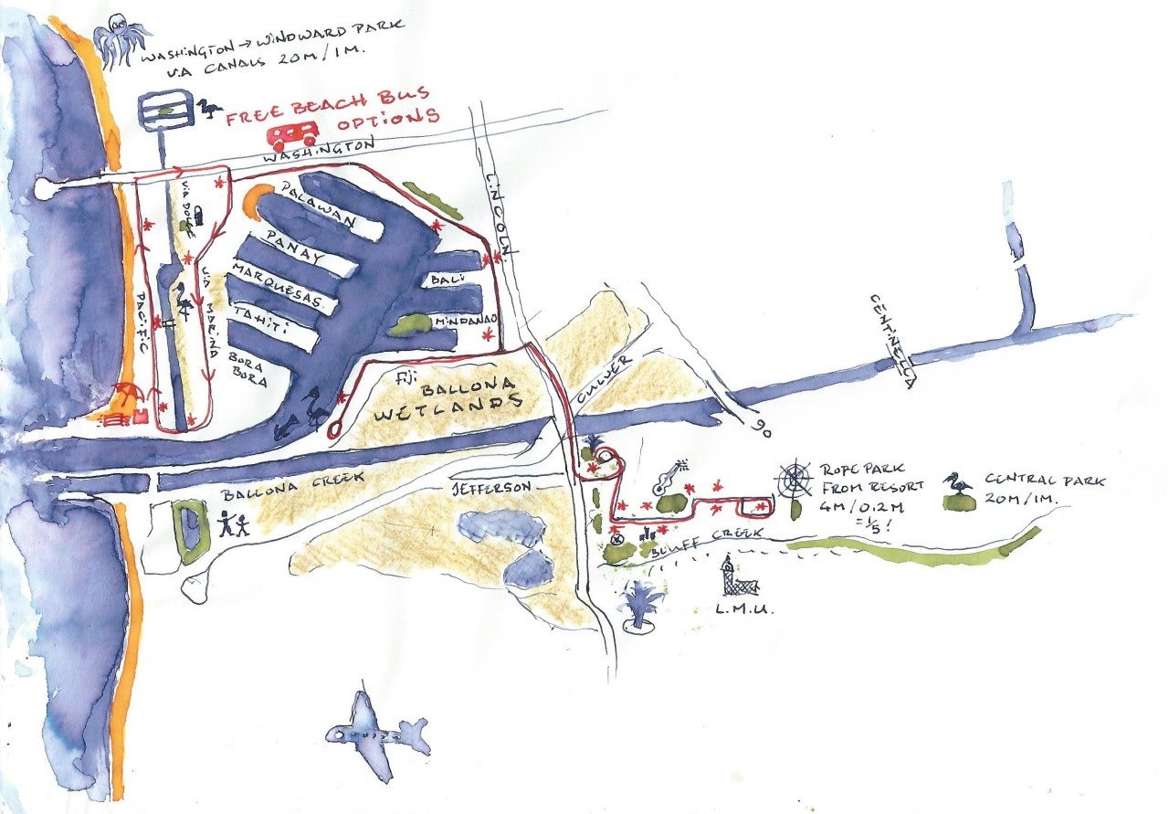 A hand-painted watercolor map by Philip showing a field-trip route from the beach through Marina del Rey and the Ballona Wetlands toward LMU, with the free beach bus and walking paths marked in red